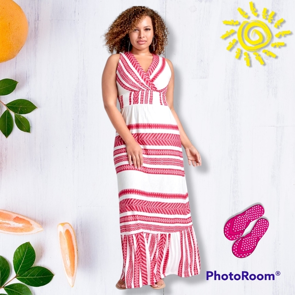 VENUS Smocked Waist Maxi Dress Size 16 White w/Pink Stripes By LASCANA for VENUS - Picture 10 of 10